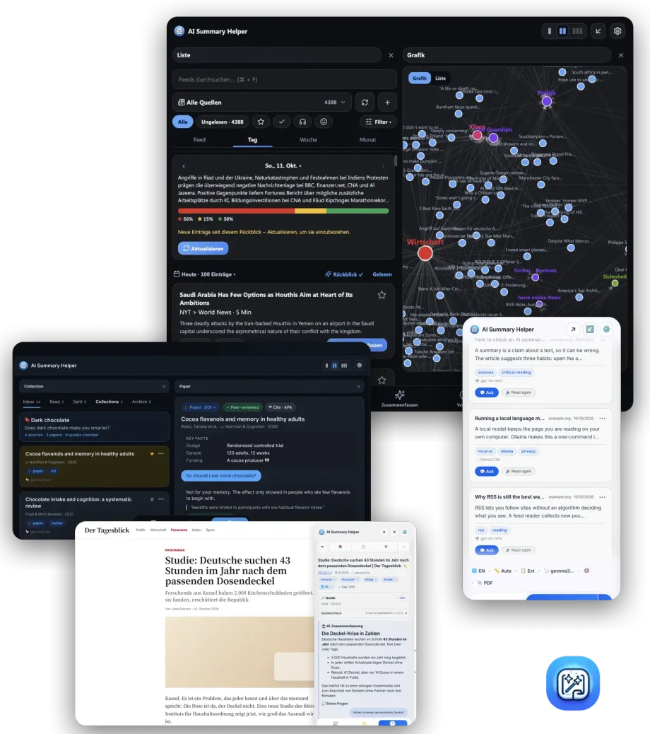 Collage of product screens: the reading list with its knowledge graph, research mode with a paper's key facts, the side panel and a German news article with its summary.