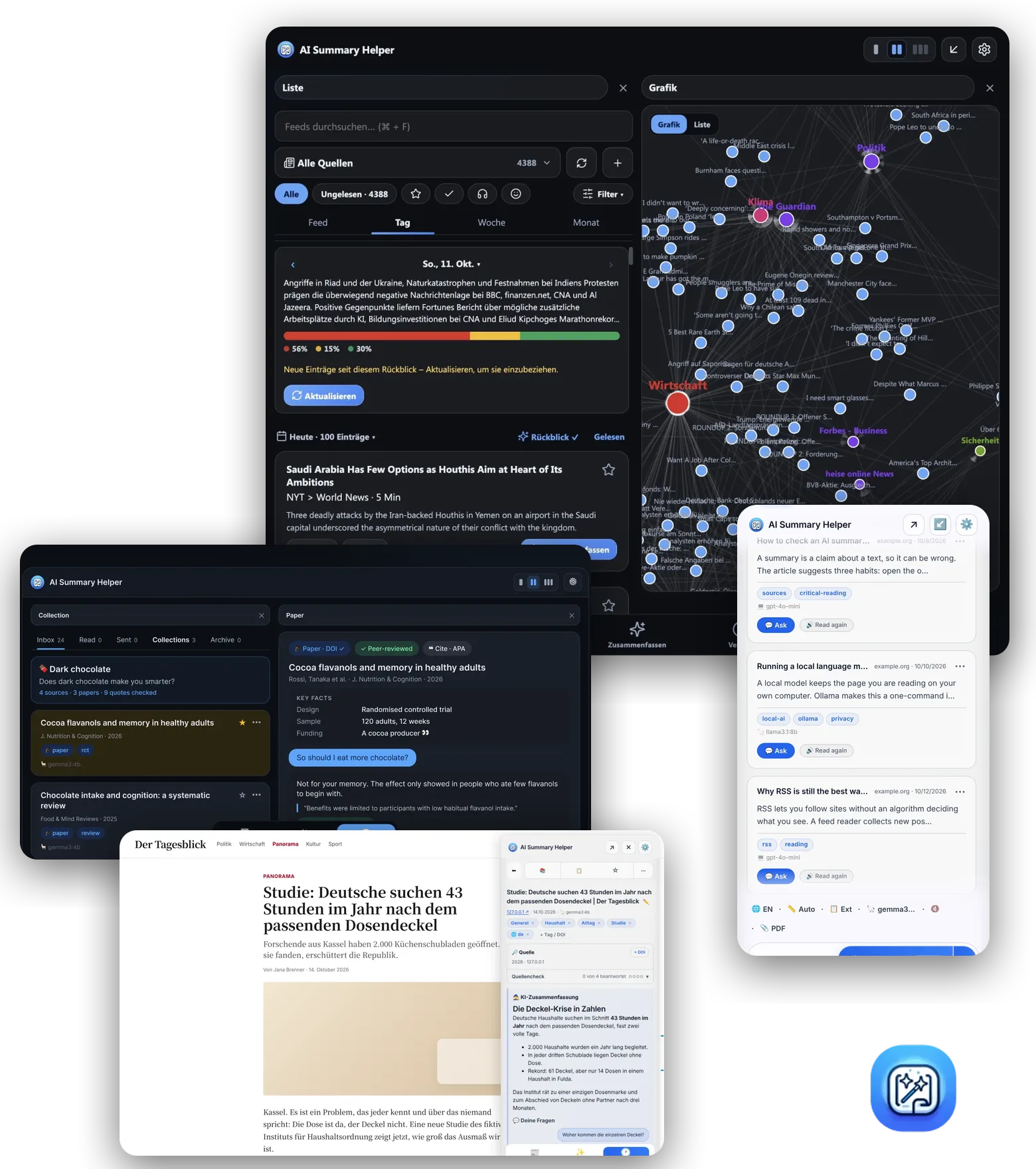 Collage of product screens: the reading list with its knowledge graph, research mode with a paper's key facts, the side panel and a German news article with its summary.