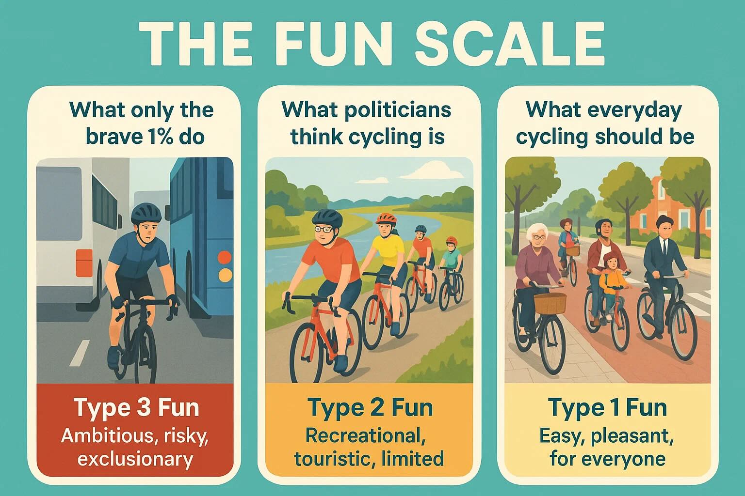 Three stages of cycling fun. Type 3: cycling as survival, squeezed in traffic. Type 2: cycling as weekend leisure, scenic but niche. Type 1: cycling as everyday transport — safe, boring, and accessible for everyone.