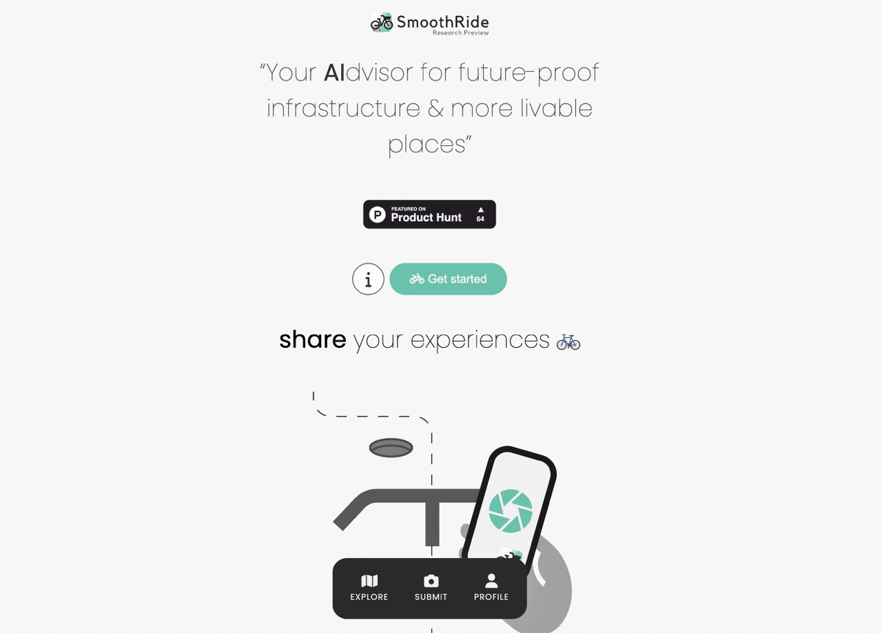 The SmoothRide entry point- a mobile-first interface designed for cyclists to share experiences in real time- directly from the street.