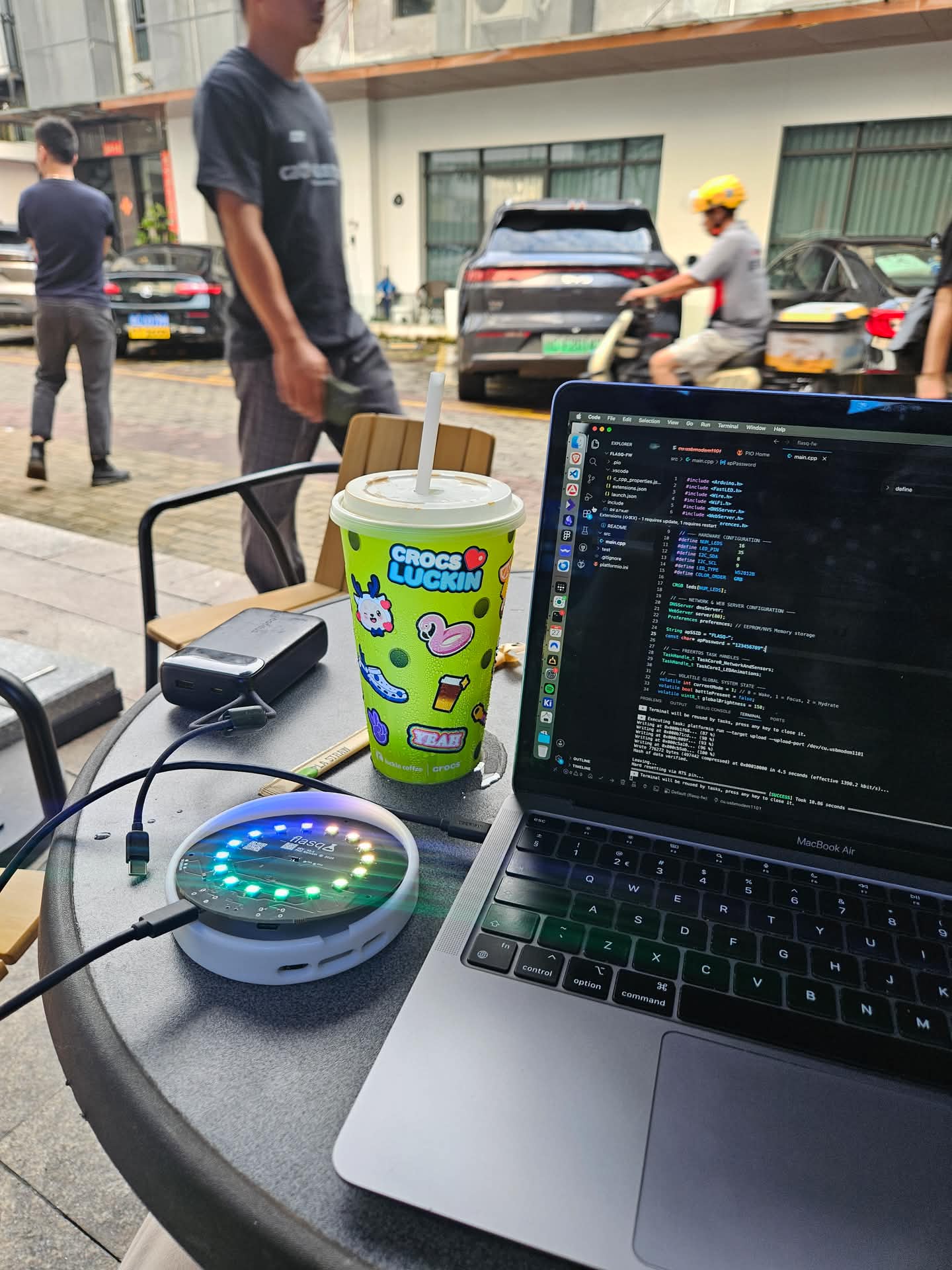 After collecting my prototype from JLCPCB in Zhuhai I flashed the firmware while sitting in a café. Prototype iteration 2: Working